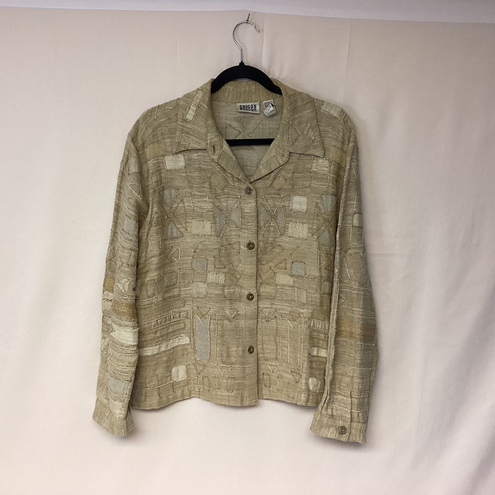 Chico’s blazer womens SZ 3(xl) silk natural fibers appliquéd tan vintage
